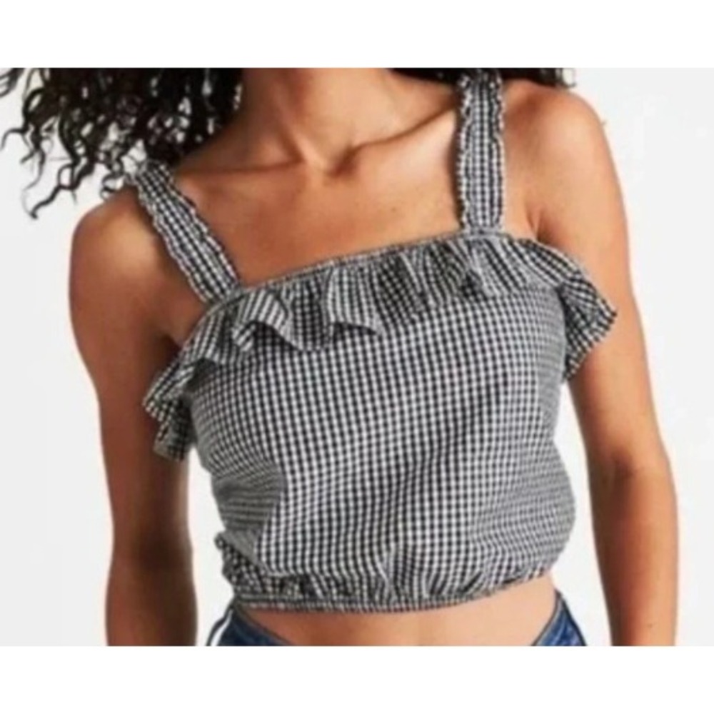 American Eagle Gingham Ruffle Crop Top Black‎ White Checkered Plaid Cottage M